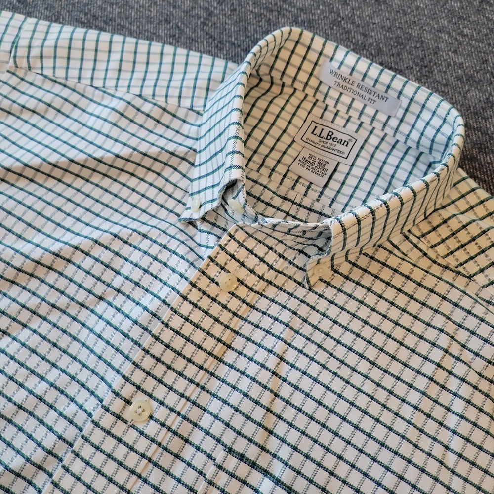 L.L Bean Shirt Mens 15.5 Reg White Green Check Short Sleeve Button Down Trad Fit